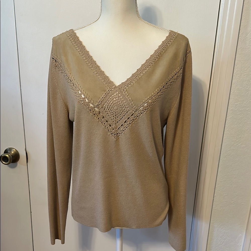 Tan V-Neck Lace Trim Sweater
